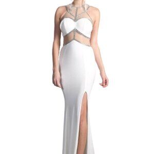 NWT Ladivine CD0115 Sheer  Prom Dress White Silver Size S